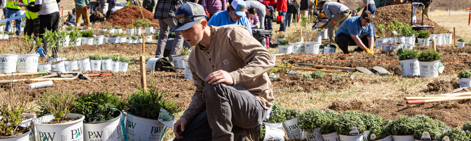 college students getting hands-on landscaping experience